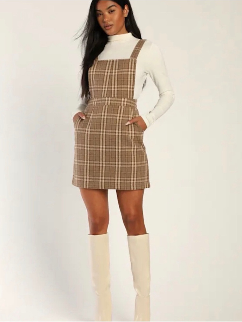 Lulu's Brown Plaid Pinafore Mini Dress